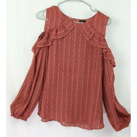 Worthington Print Blouse Cold Shoulder Pink Floral Long Sleeves Womens Petite L - Picture 1 of 8